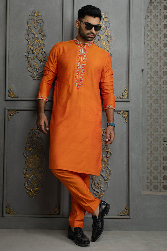 Luxury Orange Embroidered Cotton Silk Kurta Pajama Set