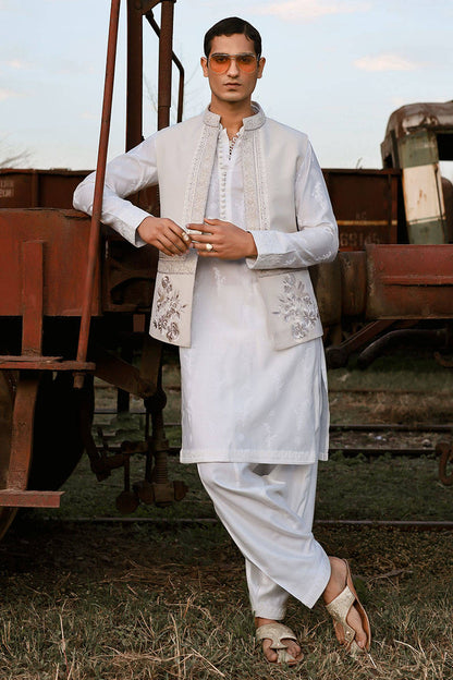 Qamar | Luxury Karandi White Kurta Set