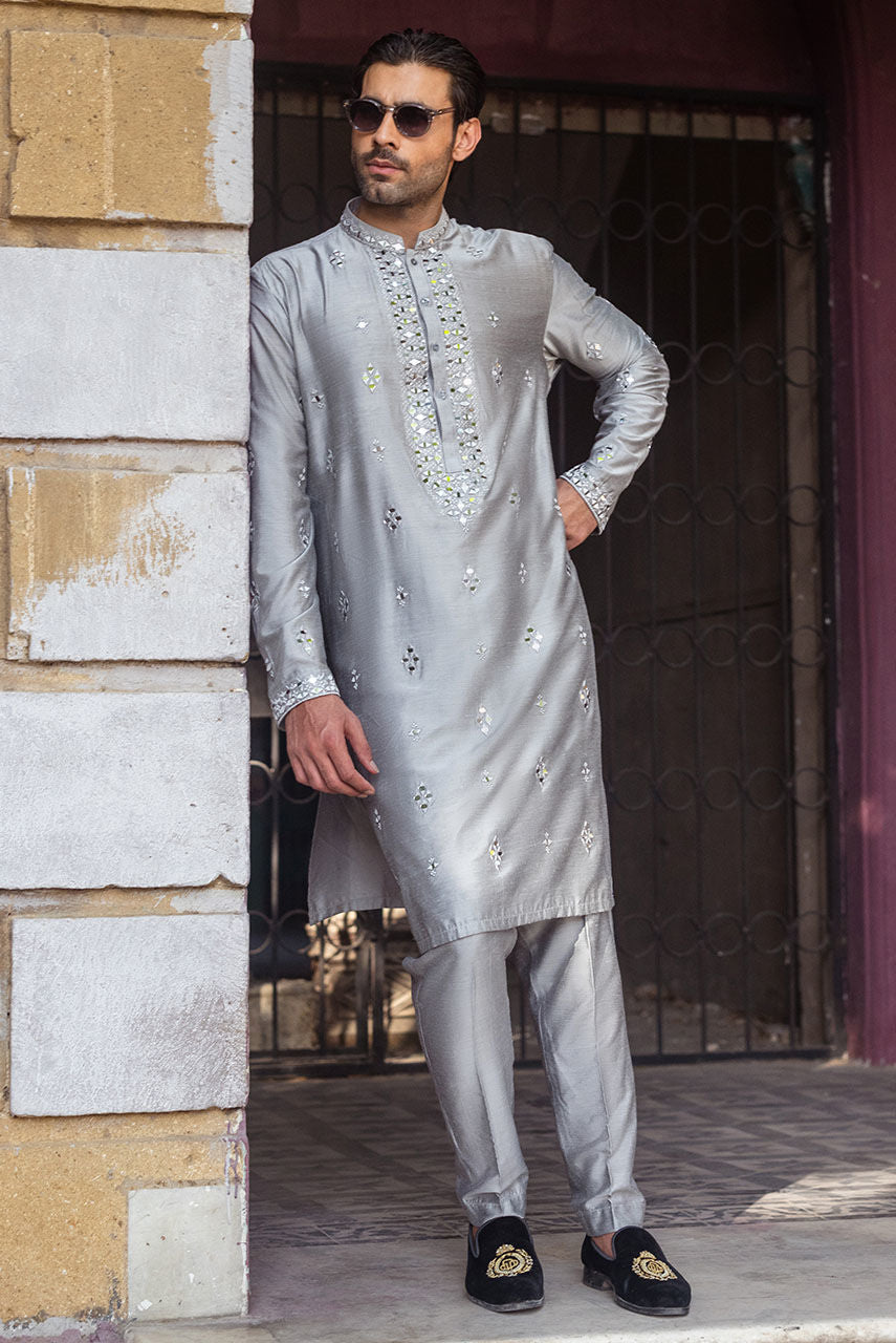 Luxury Grey Khaddi Silk Embellished Kurta Pajama Set