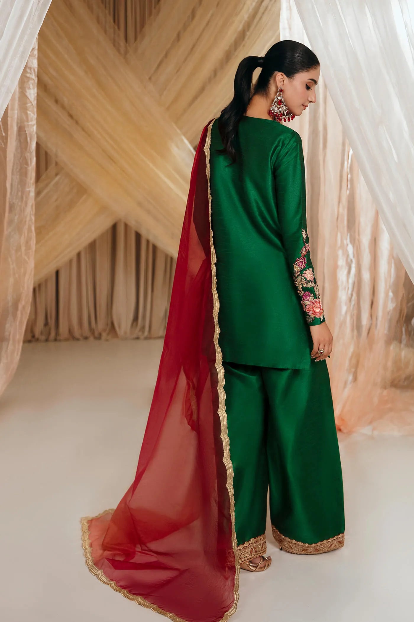 Emerald Green | Embroidered Embellished Silk Suit