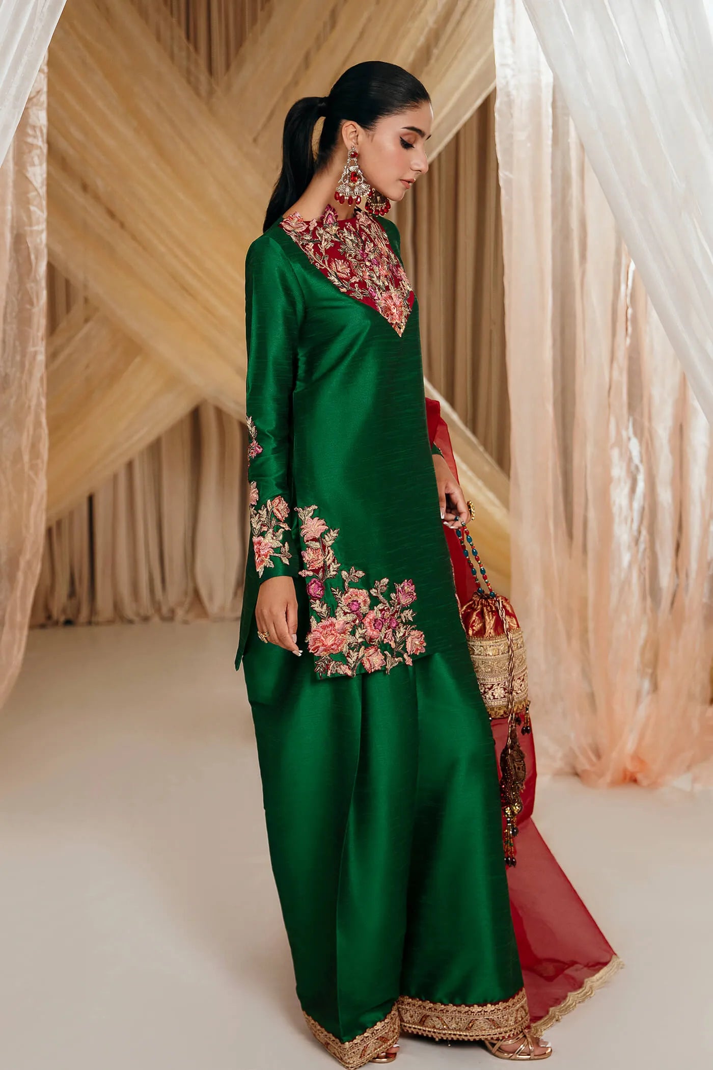 Emerald Green | Embroidered Embellished Silk Suit