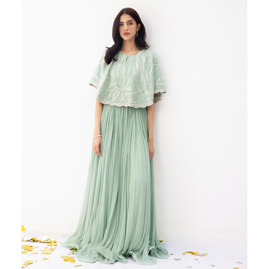 ELLA | Mint Chiffon Embellished Cape Dress