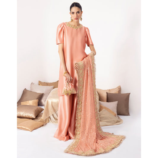 MANHA | Peach Embellished Silk Kalidar Pishwas
