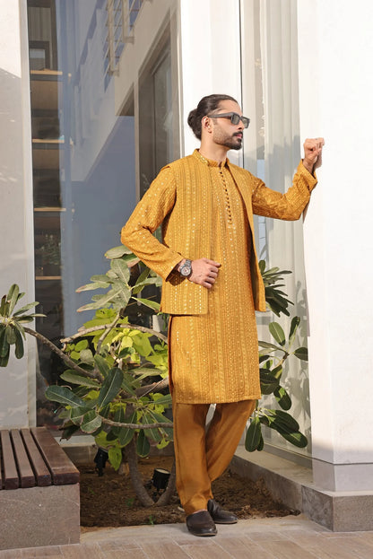 Luxury Mustard Silk Embellished Kurta Pajama Set