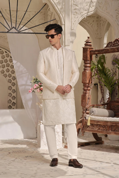 Luxury Beige Cotton Silk Kurta Pyjama Set