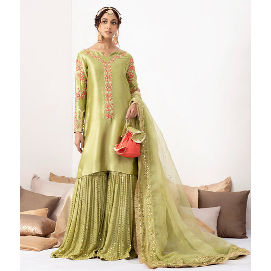 ZAINA | Green Silk Embellished Gharara